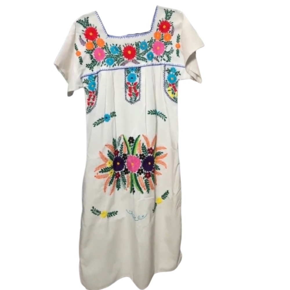 VINTAGE COTTON EMBROIDERED MIDI DRESS FLORAL BOHO SIZE S - Picture 7 of 9
